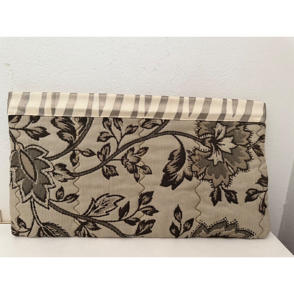 Handmade Floral Tapestry Clutch Bag Striped Trim Jacquard Evening Pouch Taupe